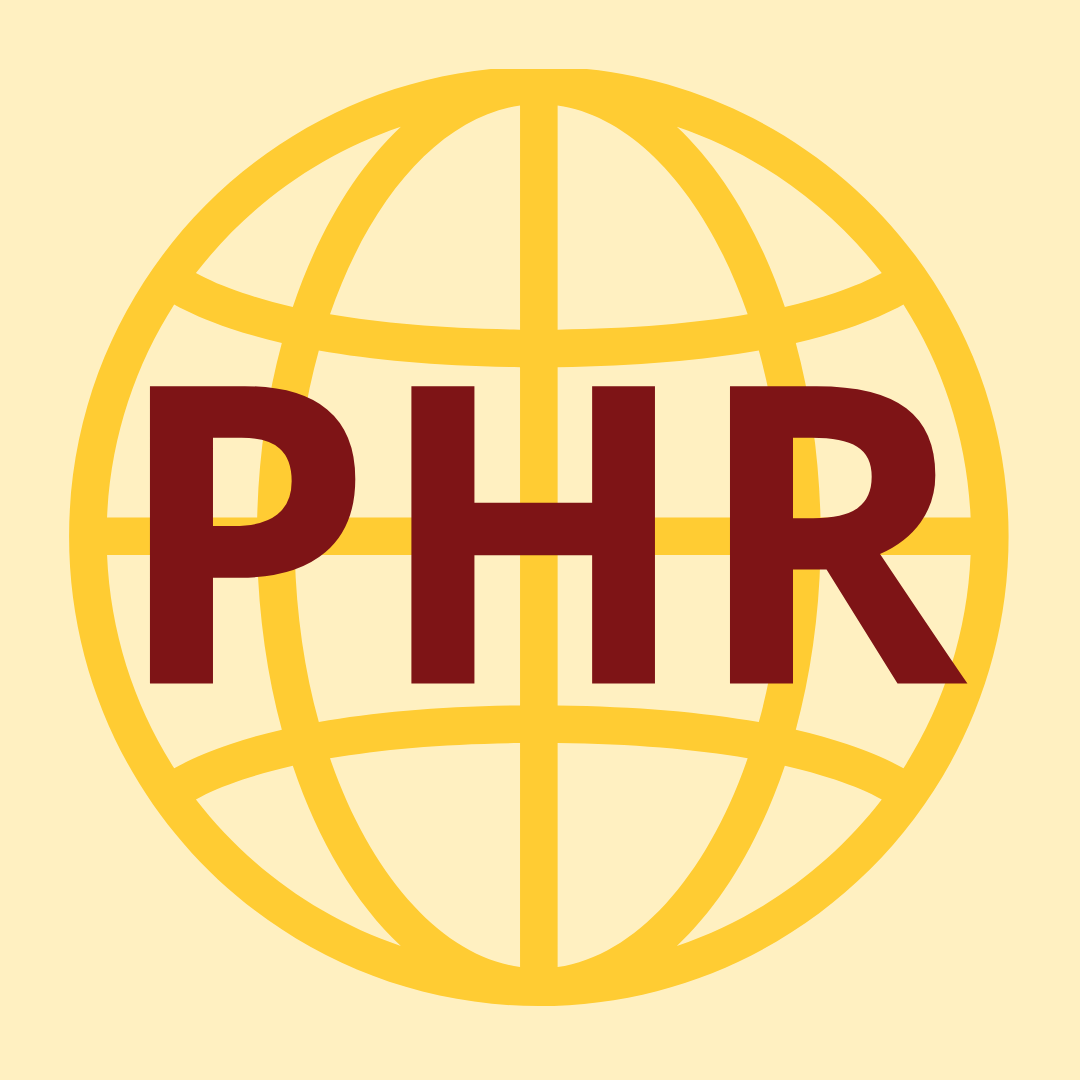 Yellow background with globe. Text: PHR