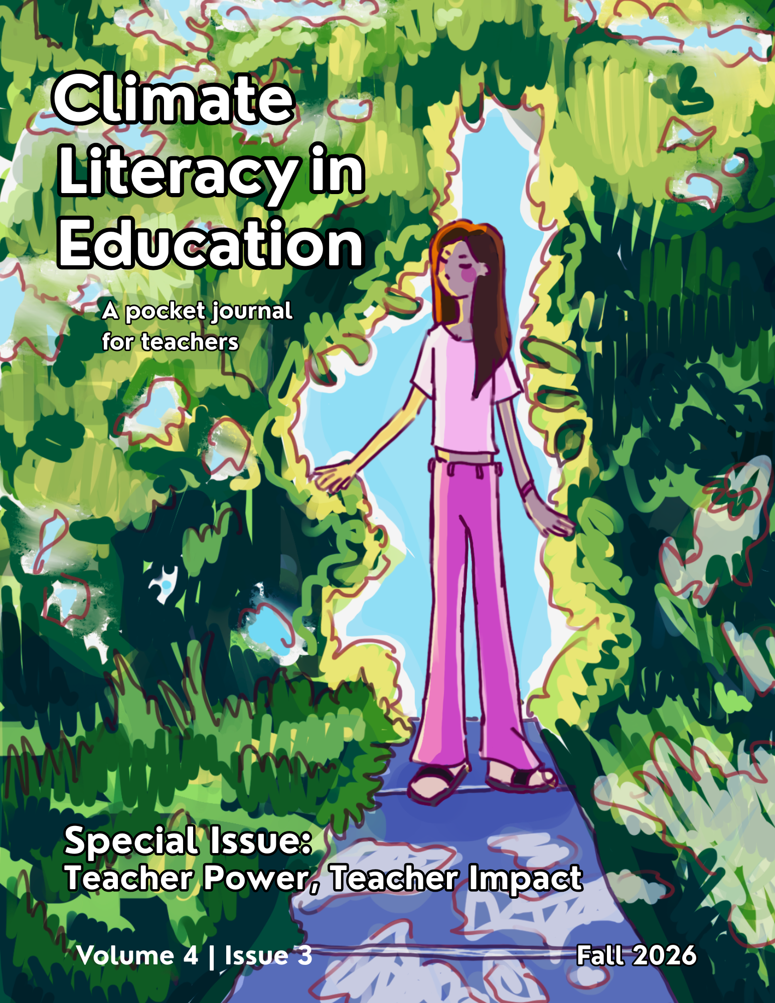 Illustration of young person wearing pink shirt and pants emerging from forest undergrowth onto paved path